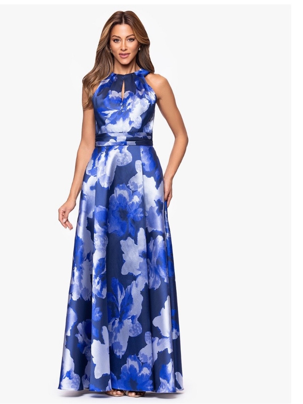 Xscape Blue & White Floral Halter Maxi Dress